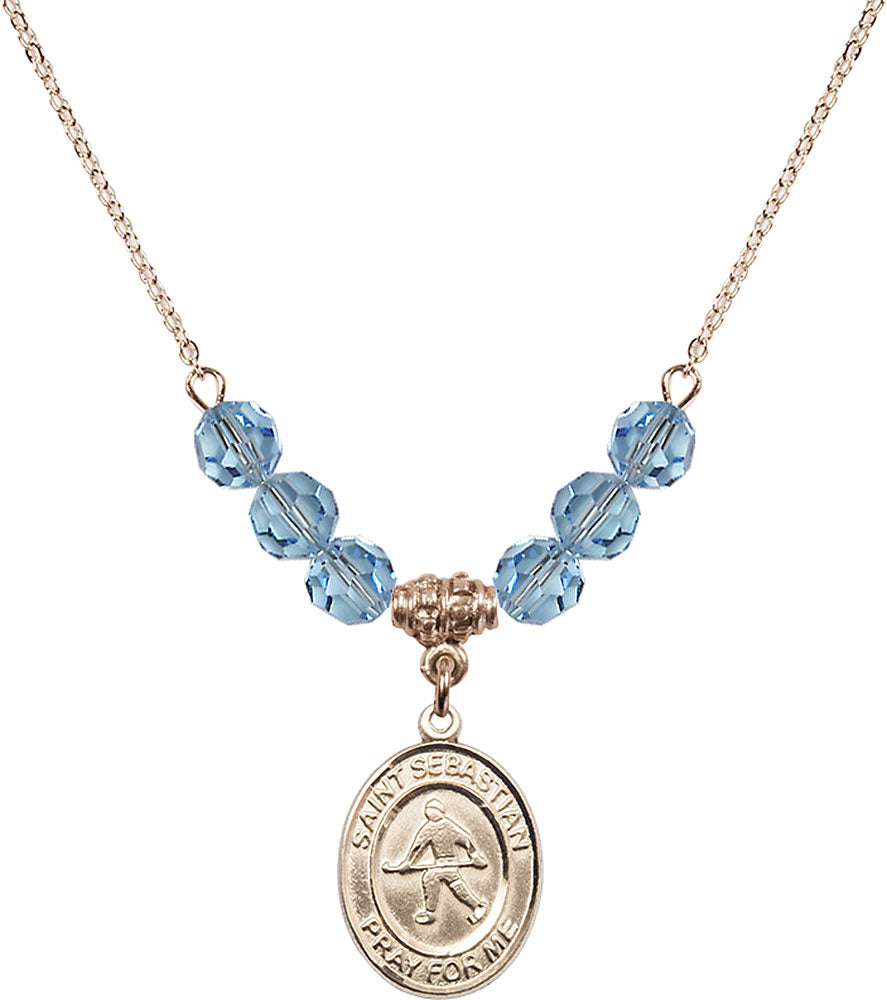 14kt Gold Filled Saint Sebastian/Field Hockey Birthstone Necklace with Aqua Beads - 8178