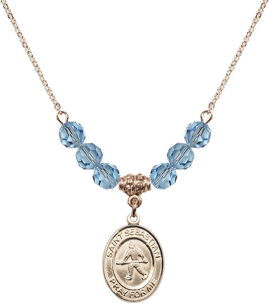 14kt Gold Filled Saint Sebastian/Field Hockey Birthstone Necklace with Aqua Beads - 8178