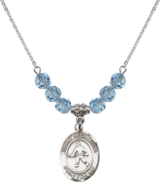 Sterling Silver Saint Sebastian/Field Hockey Birthstone Necklace with Aqua Beads - 8178