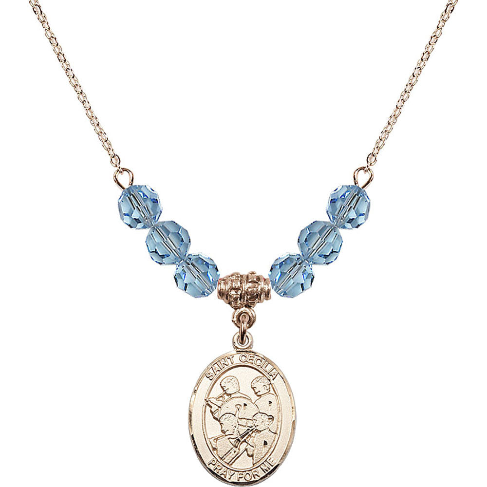 14kt Gold Filled Saint Cecilia / Marching Band Birthstone Necklace with Aqua Beads - 8179