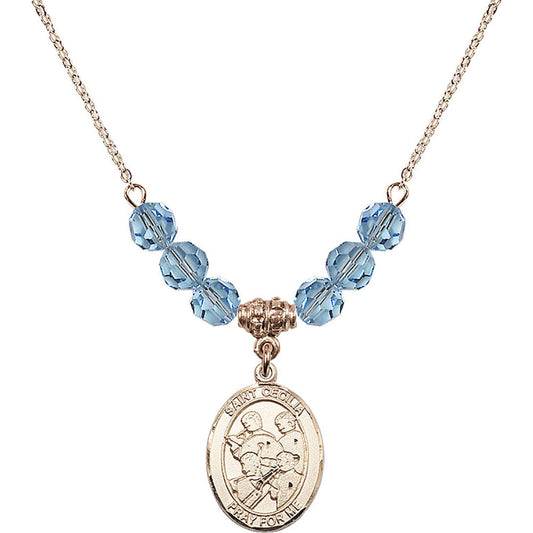 14kt Gold Filled Saint Cecilia / Marching Band Birthstone Necklace with Aqua Beads - 8179