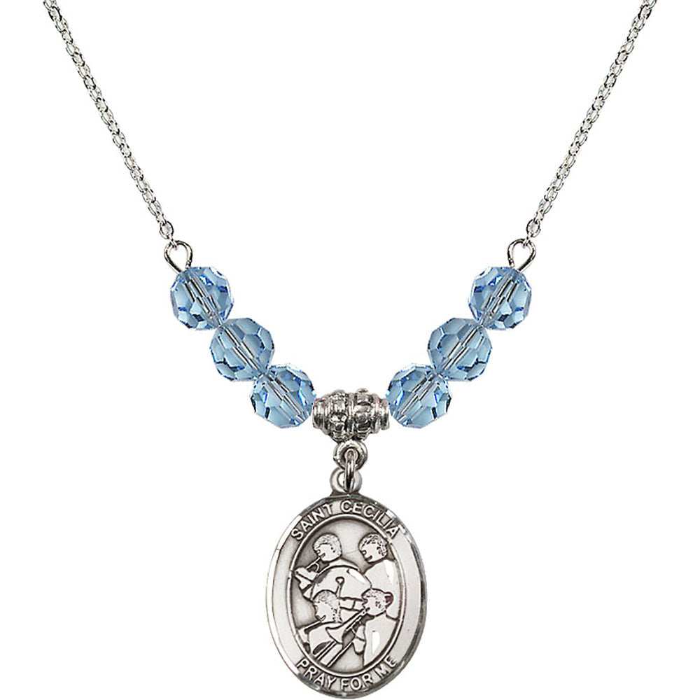 Sterling Silver Saint Cecilia / Marching Band Birthstone Necklace with Aqua Beads - 8179