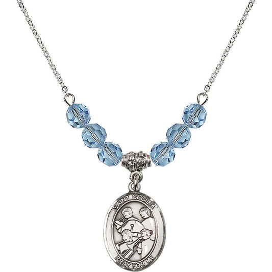 Sterling Silver Saint Cecilia / Marching Band Birthstone Necklace with Aqua Beads - 8179