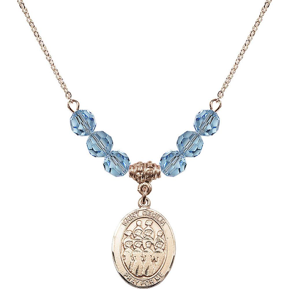 14kt Gold Filled Saint Cecilia / Choir Birthstone Necklace with Aqua Beads - 8180