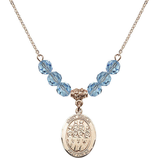 14kt Gold Filled Saint Cecilia / Choir Birthstone Necklace with Aqua Beads - 8180