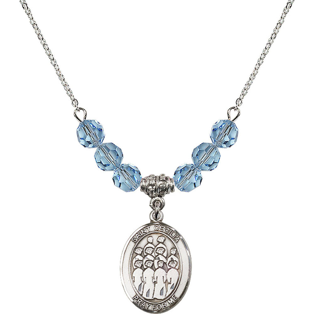 Sterling Silver Saint Cecilia / Choir Birthstone Necklace with Aqua Beads - 8180