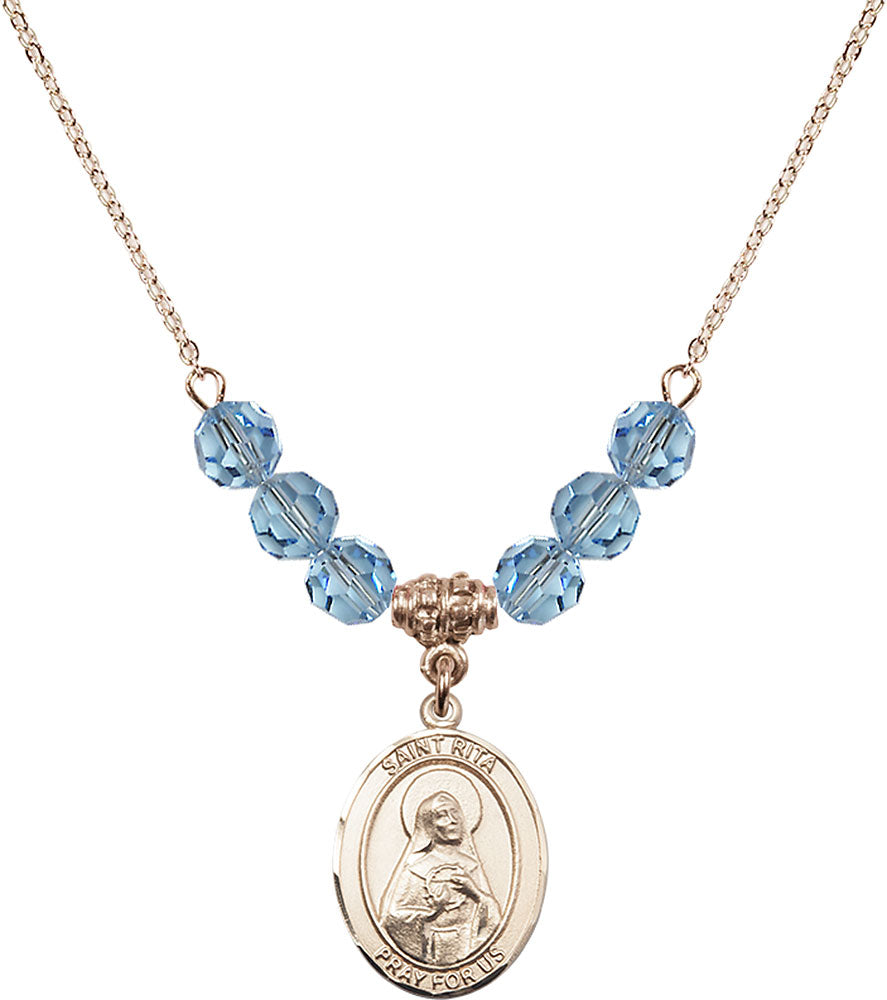 14kt Gold Filled Saint Rita / Baseball Birthstone Necklace with Aqua Beads - 8181