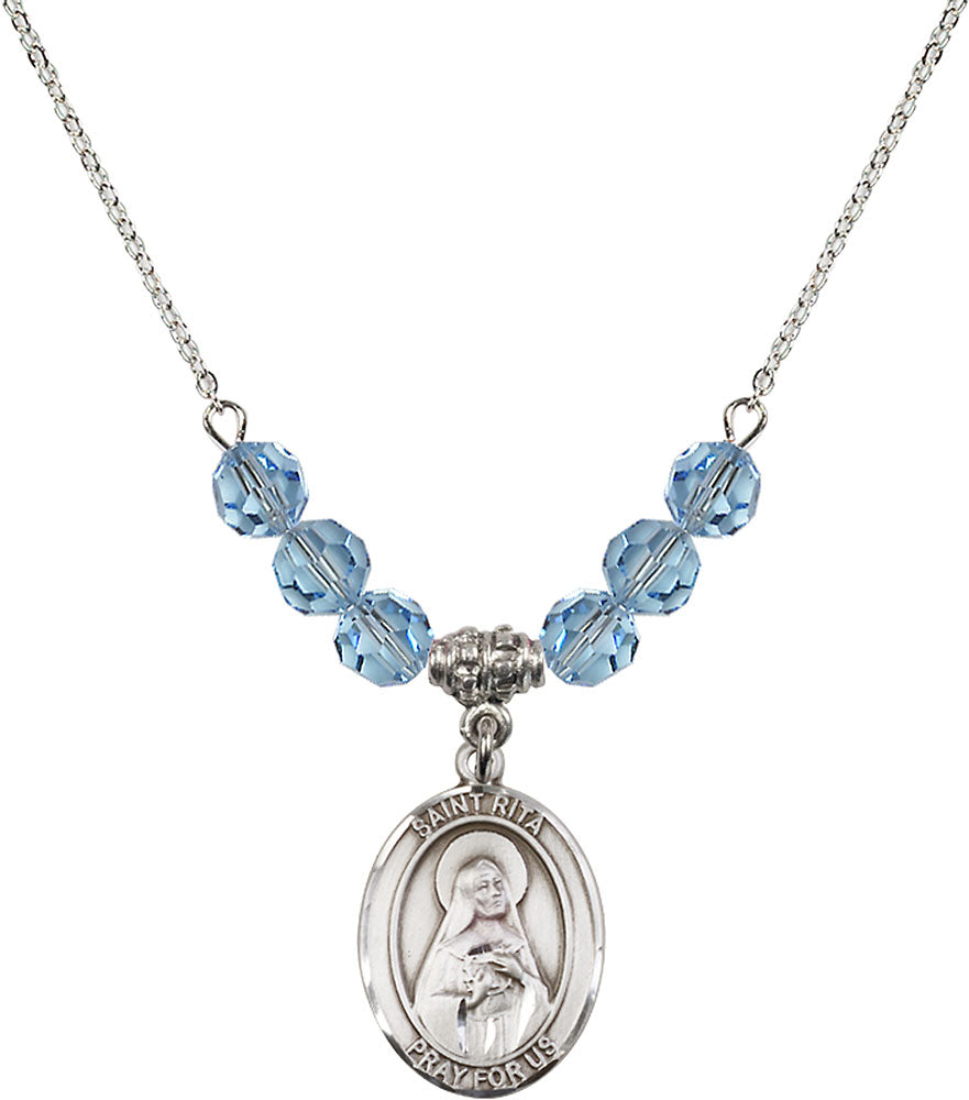 Sterling Silver Saint Rita / Baseball Birthstone Necklace with Aqua Beads - 8181