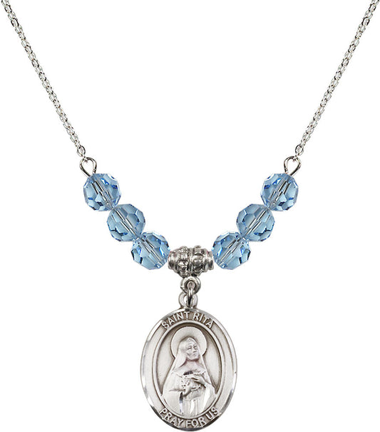 Sterling Silver Saint Rita / Baseball Birthstone Necklace with Aqua Beads - 8181