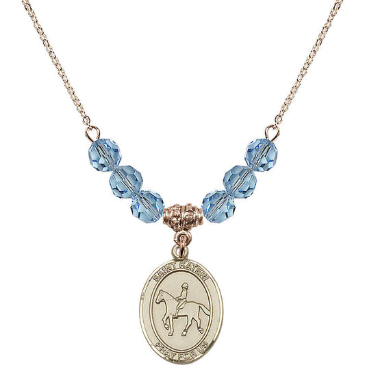 14kt Gold Filled Saint Kateri/Equestrian Birthstone Necklace with Aqua Beads - 8182
