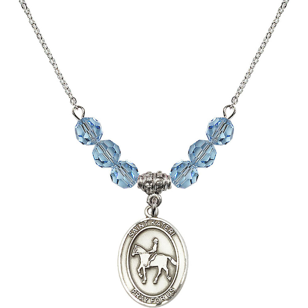 Sterling Silver Saint Kateri/Equestrian Birthstone Necklace with Aqua Beads - 8182