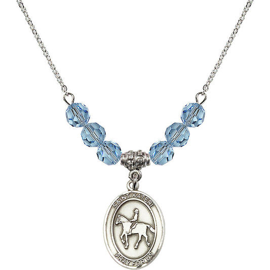 Sterling Silver Saint Kateri/Equestrian Birthstone Necklace with Aqua Beads - 8182