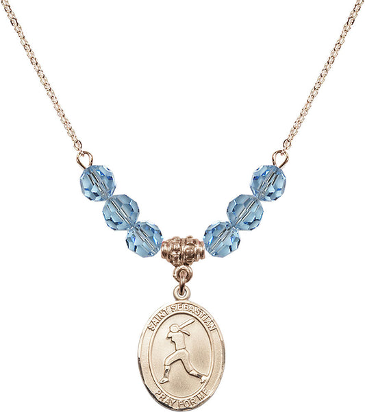 14kt Gold Filled Saint Sebastian / Softball Birthstone Necklace with Aqua Beads - 8183