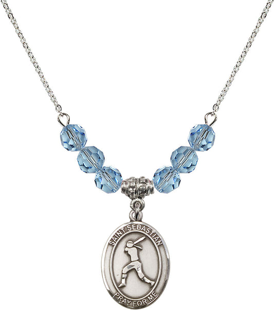 Sterling Silver Saint Sebastian / Softball Birthstone Necklace with Aqua Beads - 8183