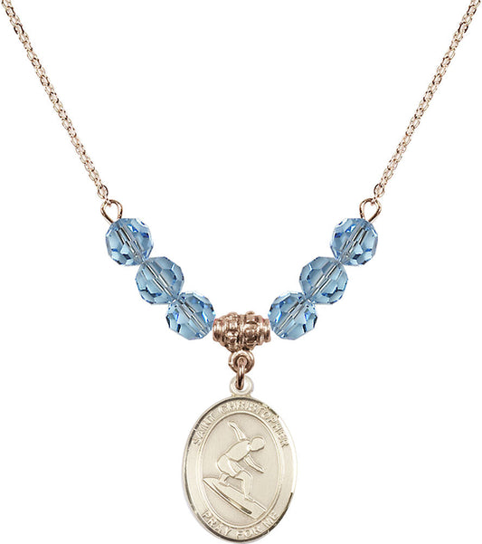 14kt Gold Filled Saint Christopher/Surfing Birthstone Necklace with Aqua Beads - 8184