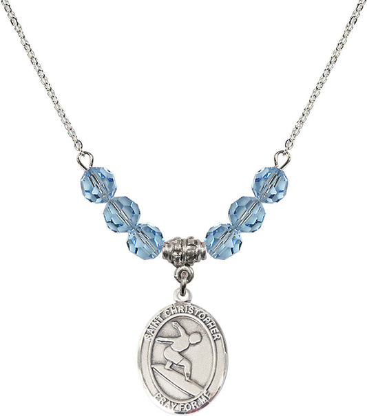 Sterling Silver Saint Christopher/Surfing Birthstone Necklace with Aqua Beads - 8184