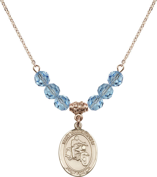 14kt Gold Filled Saint Christopher/Motorcycle Birthstone Necklace with Aqua Beads - 8185
