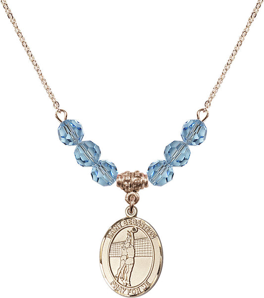 14kt Gold Filled Saint Sebastian / Volleyball Birthstone Necklace with Aqua Beads - 8186