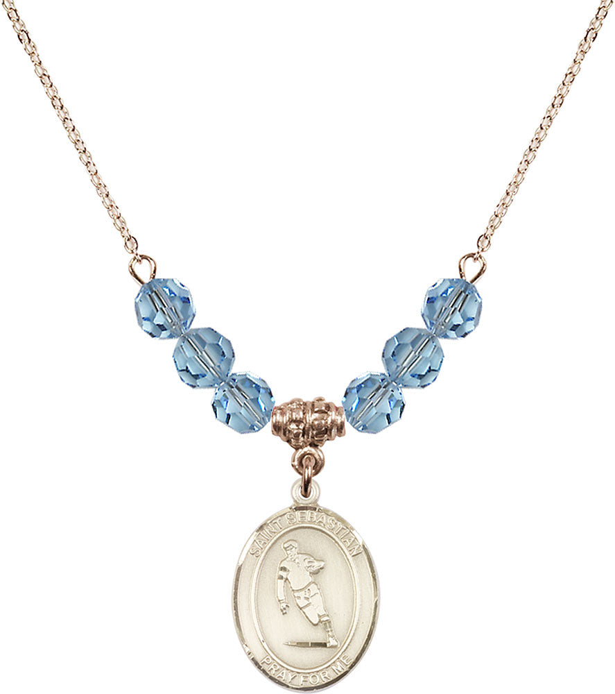 14kt Gold Filled Saint Sebastian / Rugby Birthstone Necklace with Aqua Beads - 8187