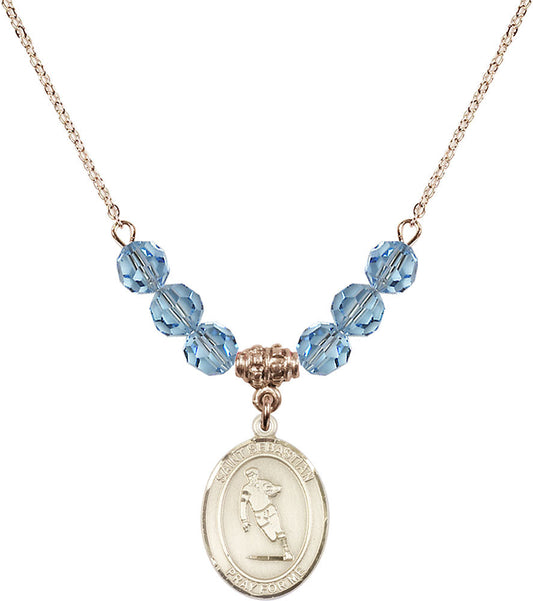 14kt Gold Filled Saint Sebastian / Rugby Birthstone Necklace with Aqua Beads - 8187