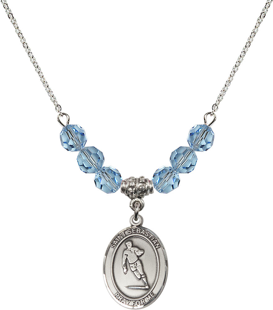 Sterling Silver Saint Sebastian / Rugby Birthstone Necklace with Aqua Beads - 8187