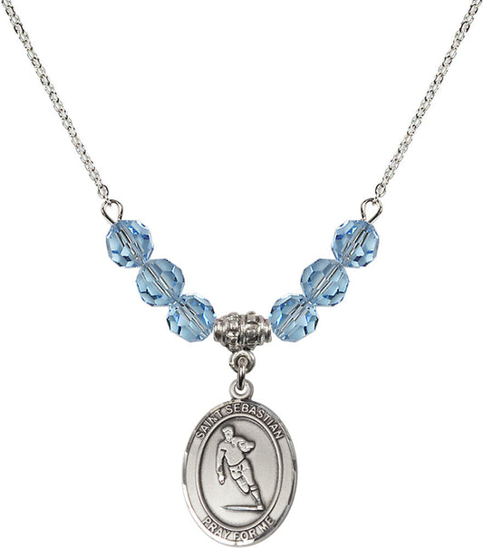 Sterling Silver Saint Sebastian / Rugby Birthstone Necklace with Aqua Beads - 8187