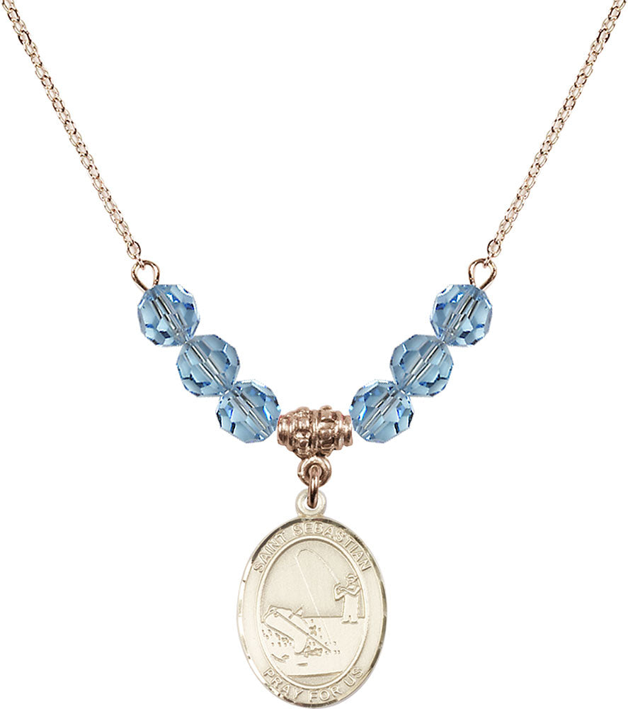 14kt Gold Filled Saint Sebastian / Fishing Birthstone Necklace with Aqua Beads - 8188