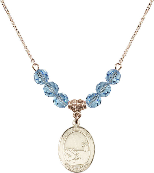 14kt Gold Filled Saint Sebastian / Fishing Birthstone Necklace with Aqua Beads - 8188