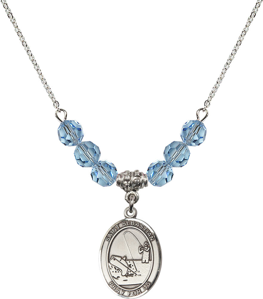 Sterling Silver Saint Sebastian / Fishing Birthstone Necklace with Aqua Beads - 8188