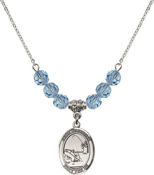 Sterling Silver Saint Sebastian / Fishing Birthstone Necklace with Aqua Beads - 8188