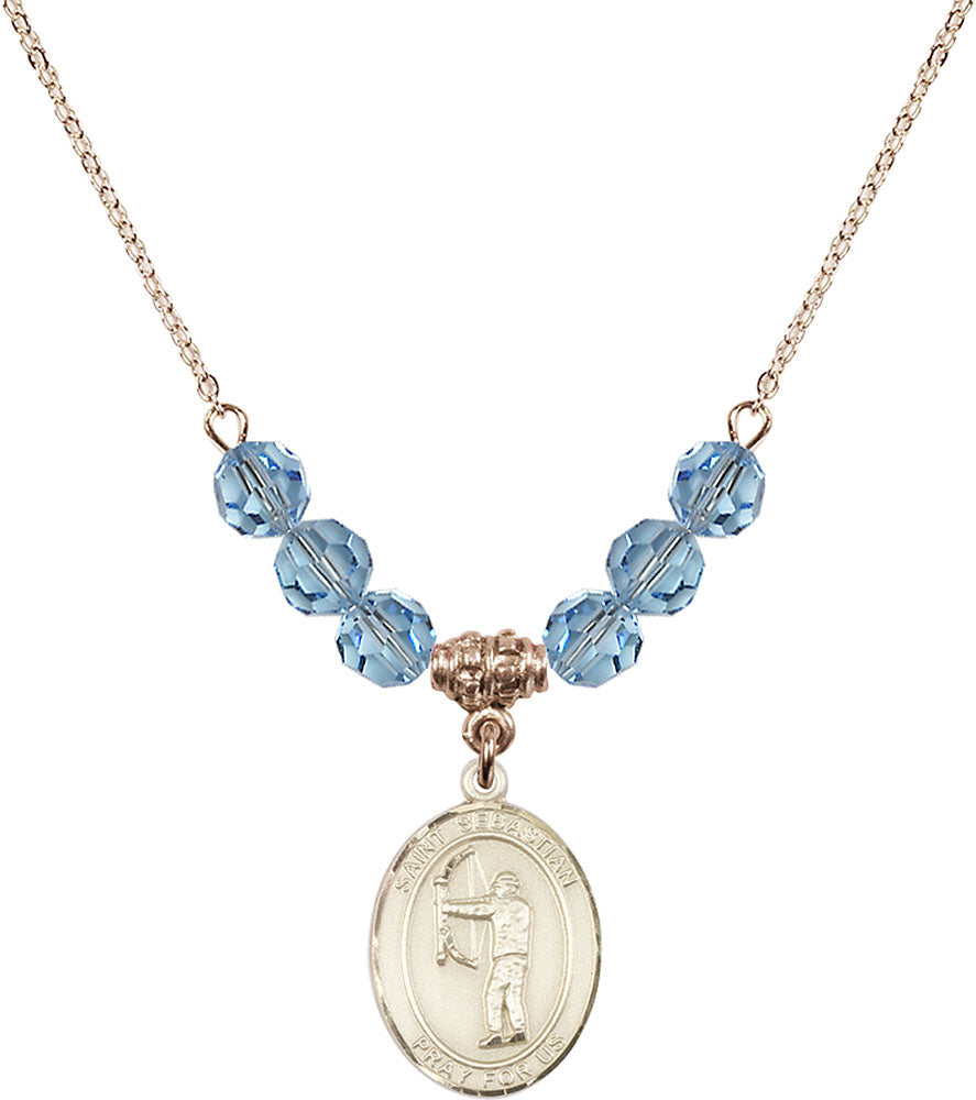 14kt Gold Filled Saint Sebastian / Archery Birthstone Necklace with Aqua Beads - 8189
