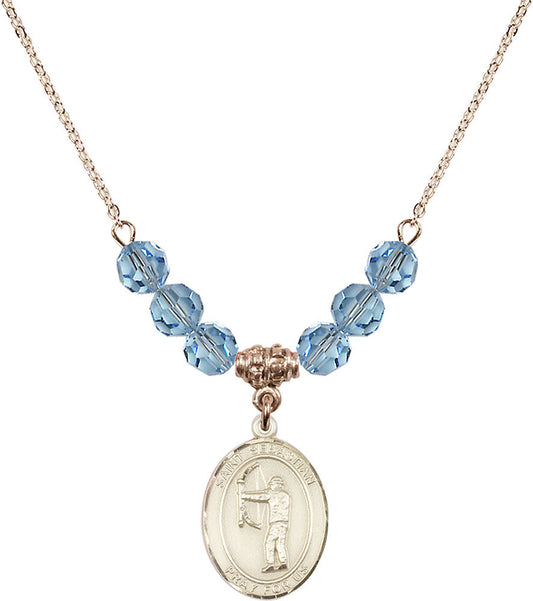 14kt Gold Filled Saint Sebastian / Archery Birthstone Necklace with Aqua Beads - 8189