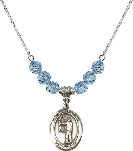 Sterling Silver Saint Sebastian / Archery Birthstone Necklace with Aqua Beads - 8189