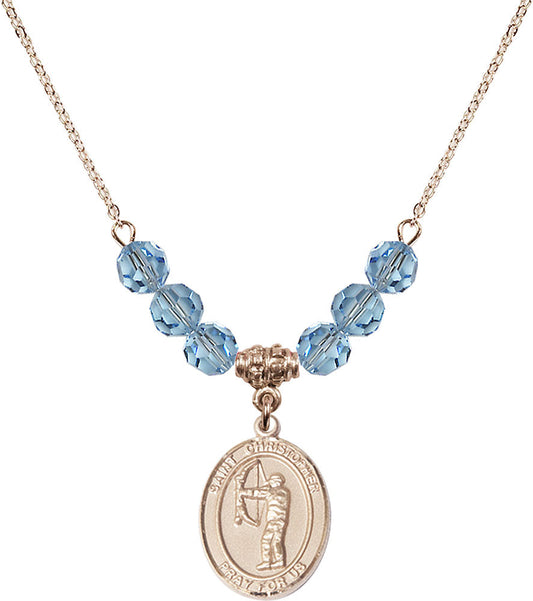 14kt Gold Filled Saint Christopher/Archery Birthstone Necklace with Aqua Beads - 8190