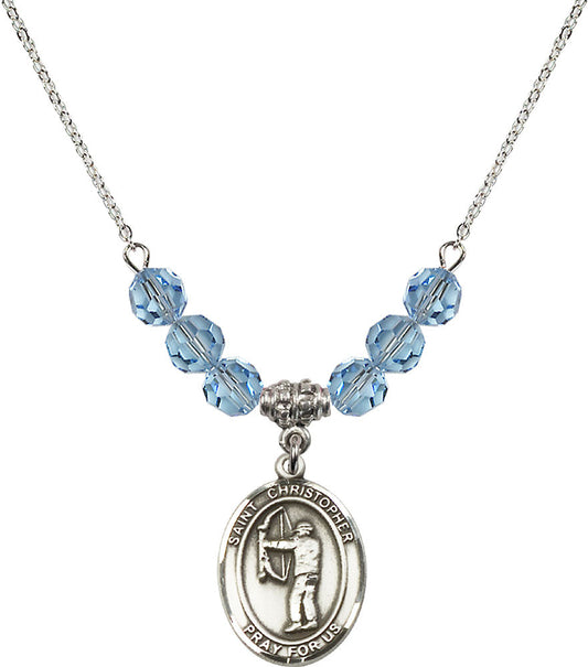 Sterling Silver Saint Christopher/Archery Birthstone Necklace with Aqua Beads - 8190