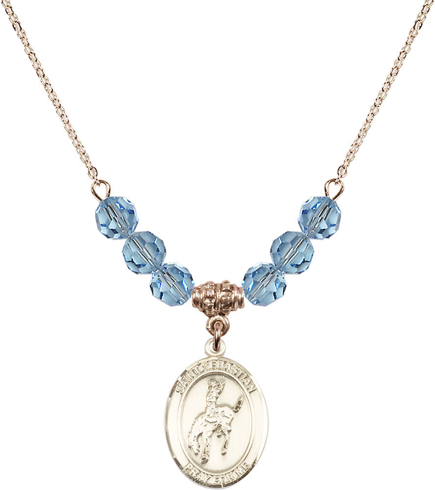 14kt Gold Filled Saint Sebastian / Rodeo Birthstone Necklace with Aqua Beads - 8191