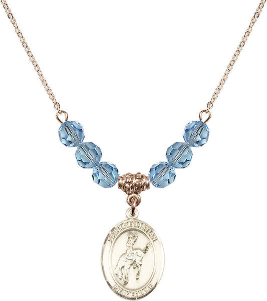 14kt Gold Filled Saint Sebastian / Rodeo Birthstone Necklace with Aqua Beads - 8191