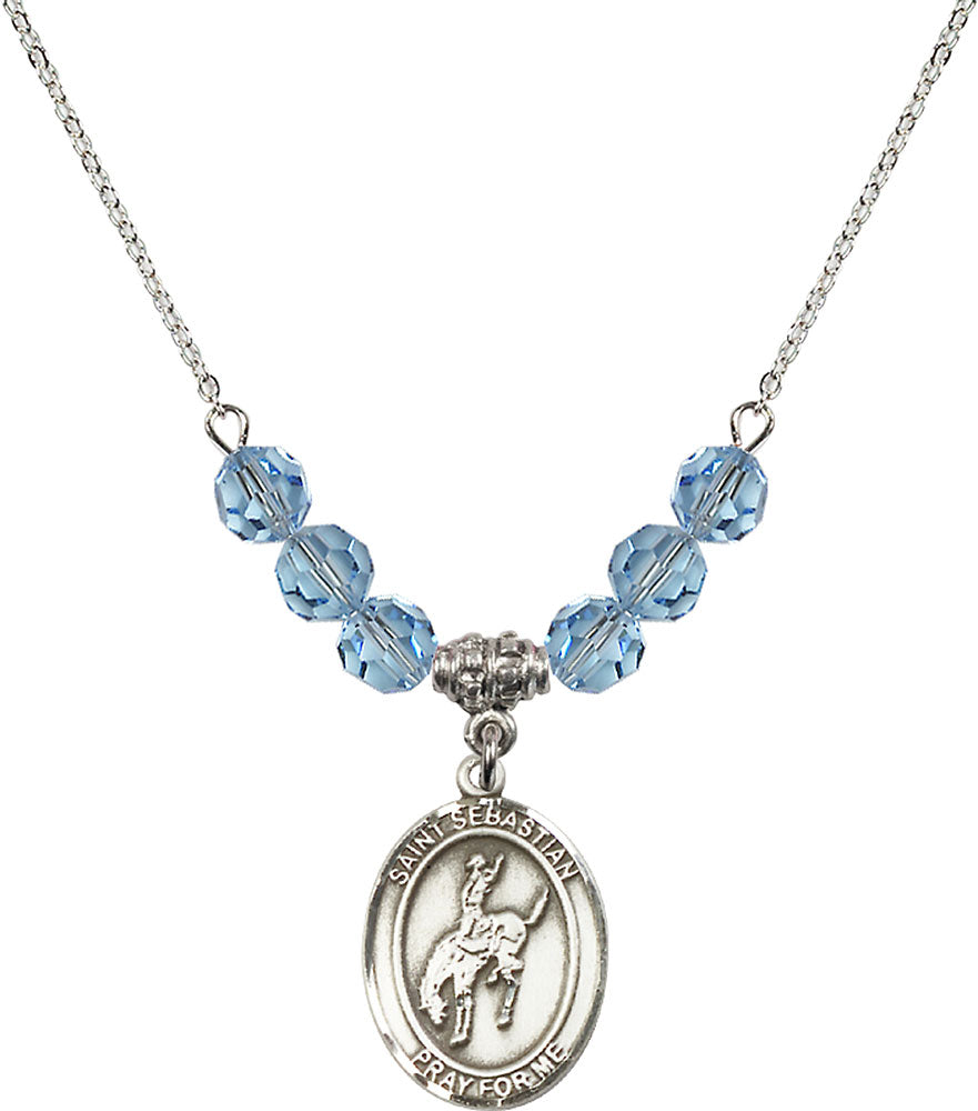 Sterling Silver Saint Sebastian / Rodeo Birthstone Necklace with Aqua Beads - 8191