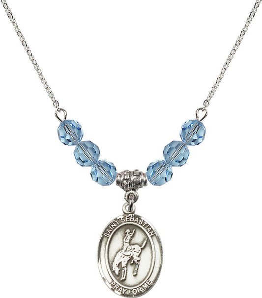 Sterling Silver Saint Sebastian / Rodeo Birthstone Necklace with Aqua Beads - 8191