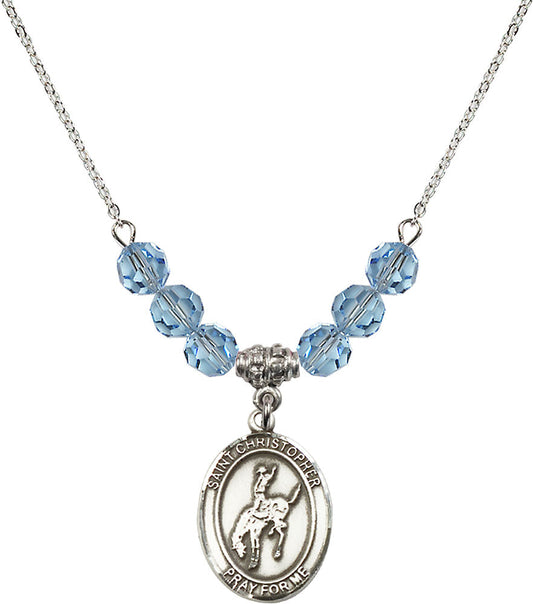 Sterling Silver Saint Christopher / Rodeo Birthstone Necklace with Aqua Beads - 8192