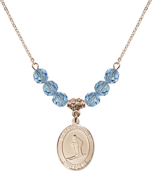 14kt Gold Filled Saint Christopher / Skiing Birthstone Necklace with Aqua Beads - 8193