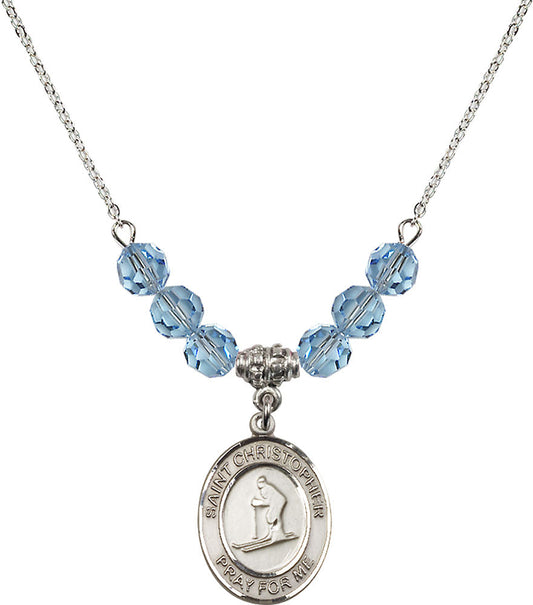 Sterling Silver Saint Christopher / Skiing Birthstone Necklace with Aqua Beads - 8193