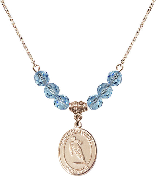 14kt Gold Filled Saint Christopher / Rugby Birthstone Necklace with Aqua Beads - 8194