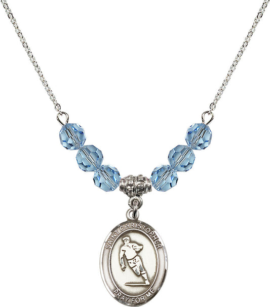 Sterling Silver Saint Christopher / Rugby Birthstone Necklace with Aqua Beads - 8194