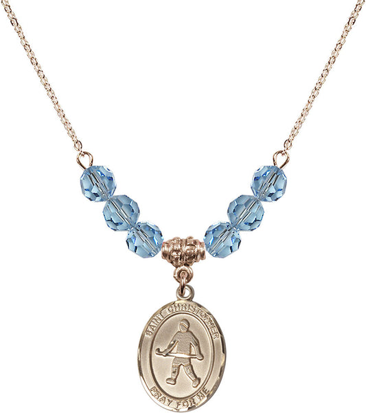 14kt Gold Filled Saint Christopher / Field Hockey Birthstone Necklace with Aqua Beads - 8195