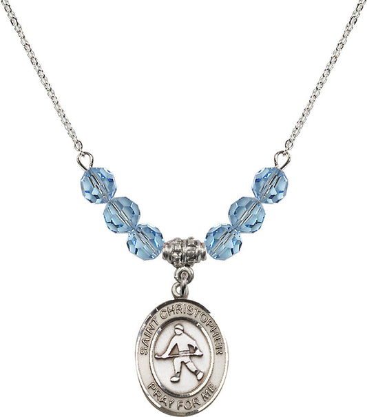 Sterling Silver Saint Christopher / Field Hockey Birthstone Necklace with Aqua Beads - 8195