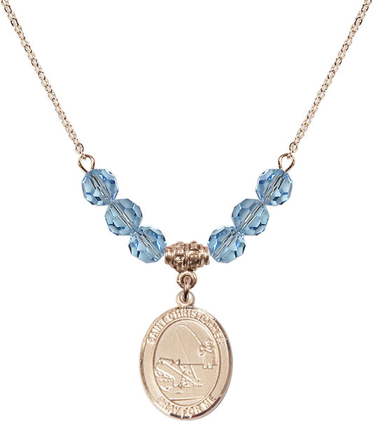 14kt Gold Filled Saint Christopher / Fishing Birthstone Necklace with Aqua Beads - 8196
