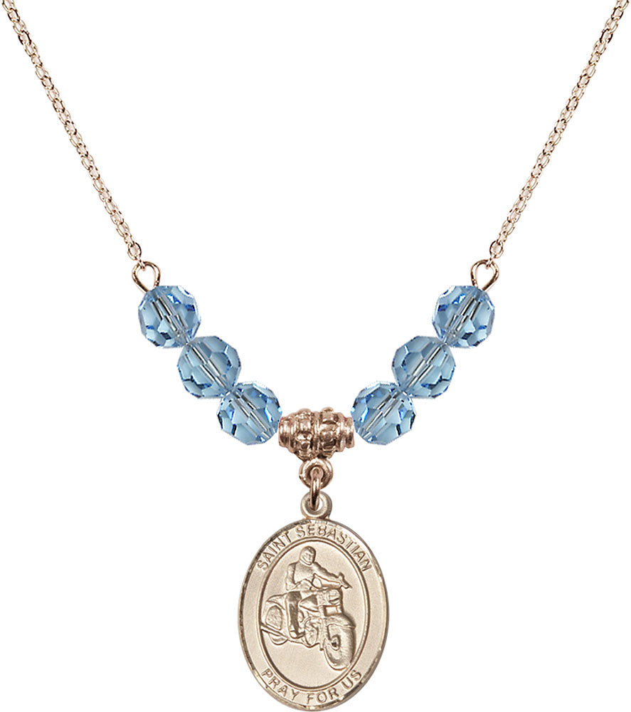 14kt Gold Filled Saint Sebastian / Motorcycle Birthstone Necklace with Aqua Beads - 8197