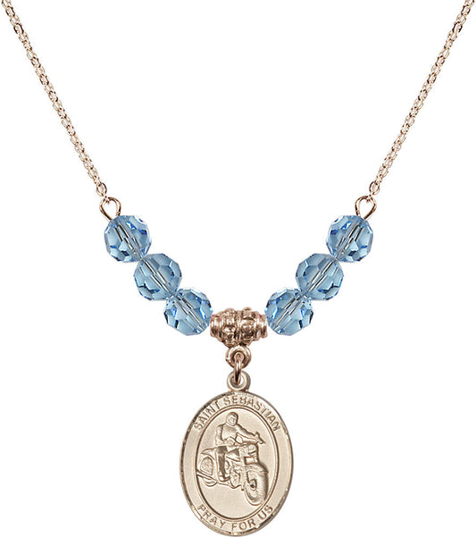14kt Gold Filled Saint Sebastian / Motorcycle Birthstone Necklace with Aqua Beads - 8197