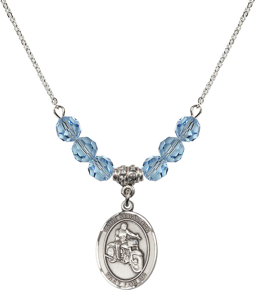 Sterling Silver Saint Sebastian / Motorcycle Birthstone Necklace with Aqua Beads - 8197